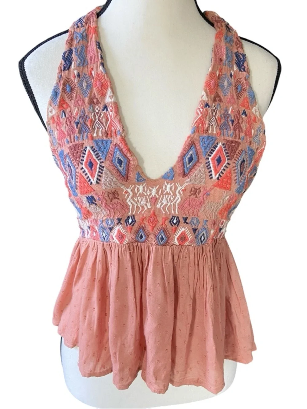 Free People Peruvian Paradise Halter Size S Embroidered Rusty Peach Hippie Boho